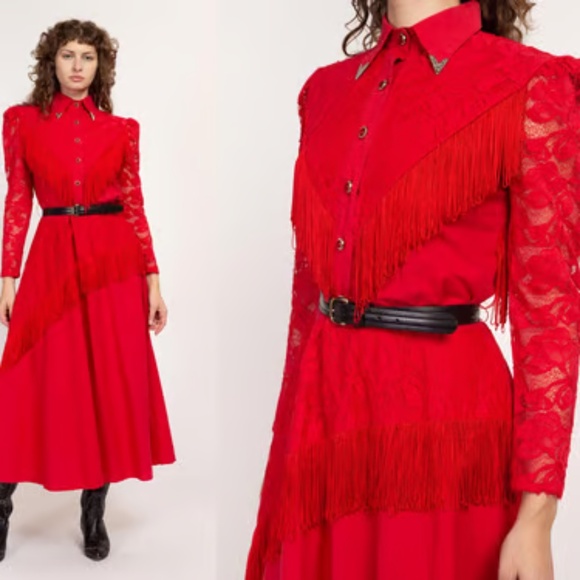 Vintage Lilia Smitty Western Dress with Fringe, Lace, and Original Belt!!! - Picture 1 of 14